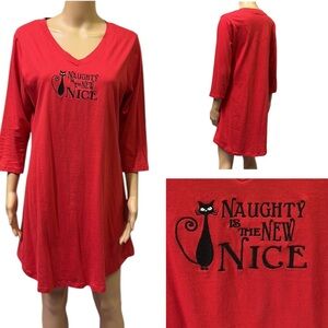 Cotton Pillow Talk Red Embroidered Cat Naughty Nice Sleep Shirt Nightgown Medium